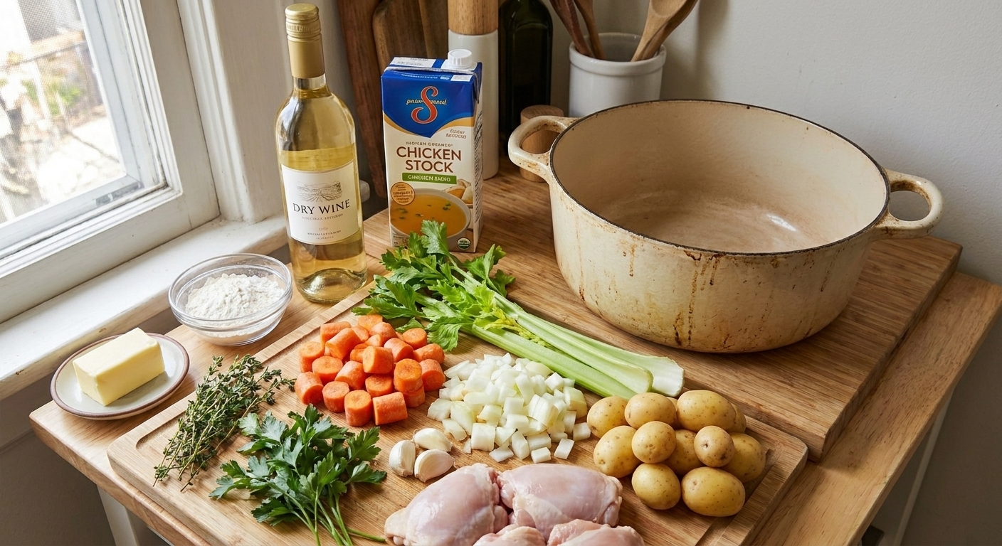 Chicken thighs, carrots, celery, onion, garlic, baby potatoes, thyme, parsley, butter, flour, white wine, and chicken stock arranged on a kitchen counter