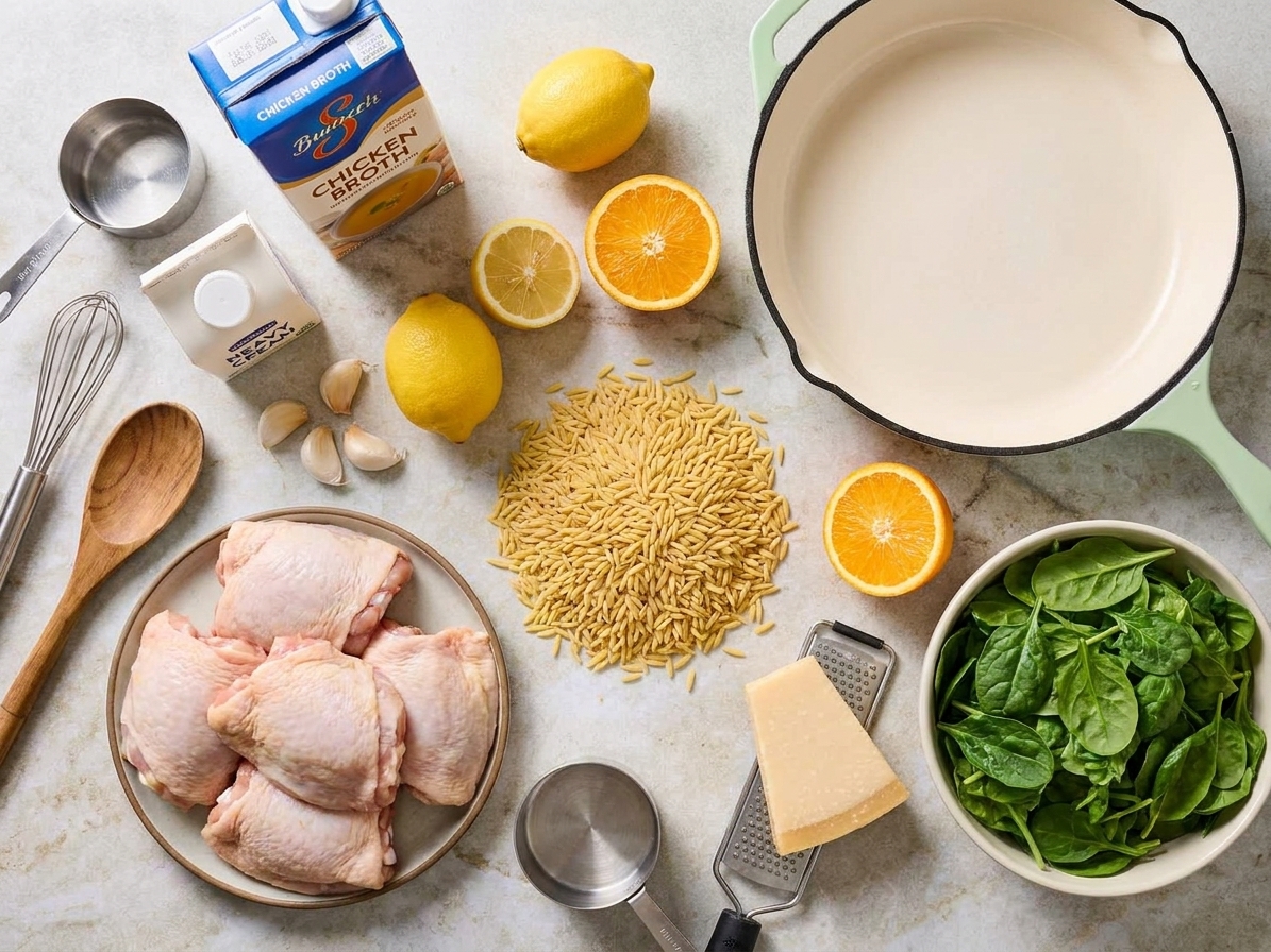 Chicken thighs, dry orzo, lemons, an orange, garlic, chicken broth, cream, Parmesan, and spinach arranged on a kitchen counter