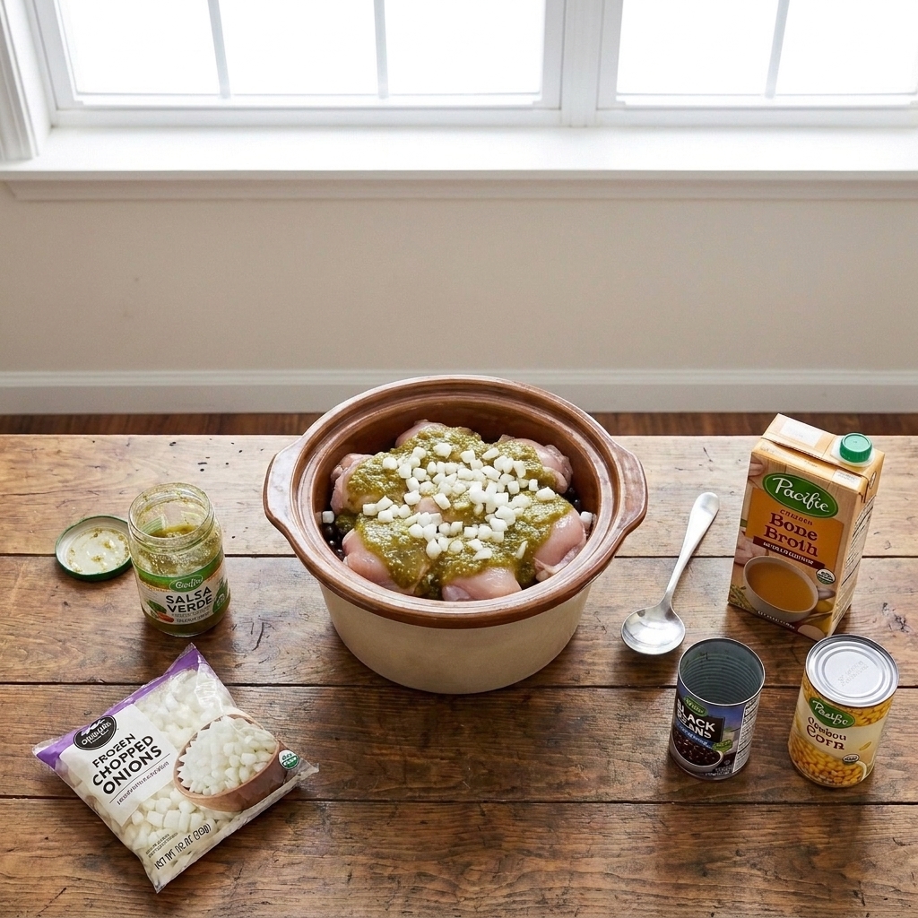 Chicken thighs in a slow cooker covered with salsa verde and frozen chopped onions before cooking