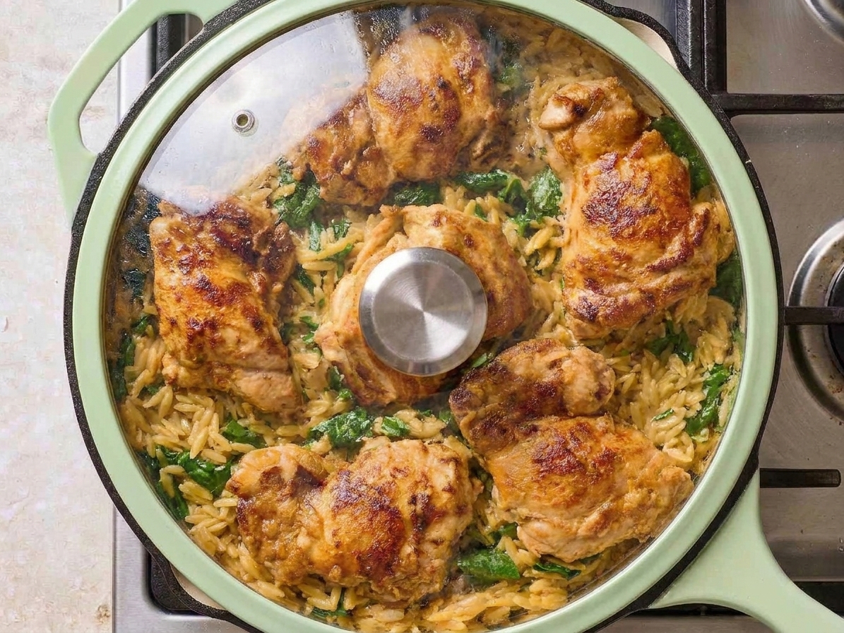 Chicken thighs nestled in simmering orzo in a covered skillet with steam rising