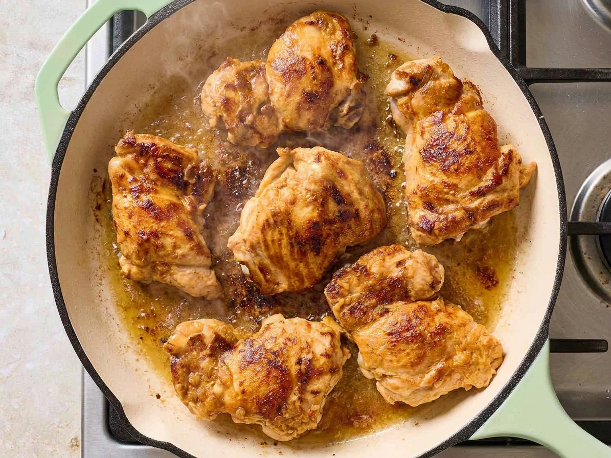 Chicken thighs searing in a hot skillet with a golden crust forming on the surface