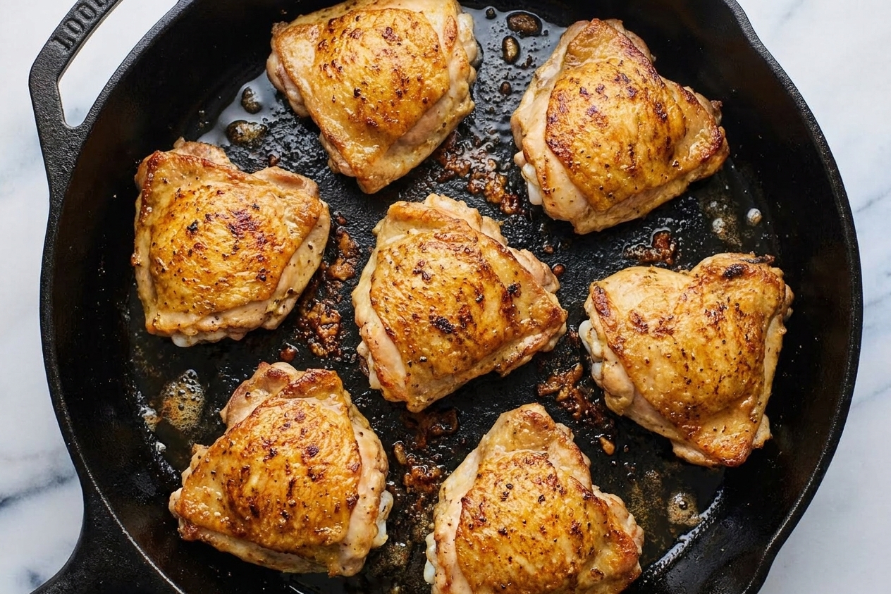 Chicken thighs searing skin-side down in a hot skillet with browned bits forming on the pan surface