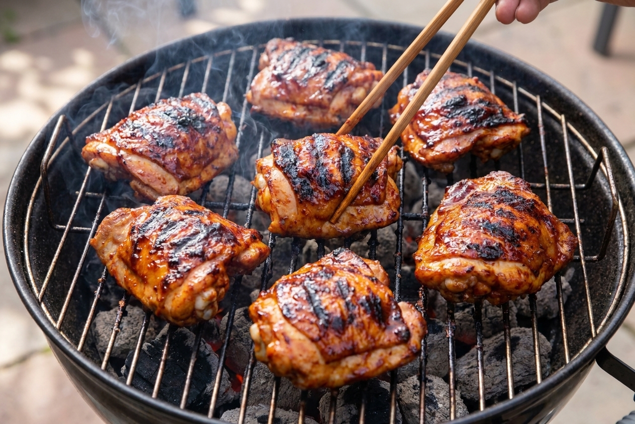 Chicken thighs sizzling on a backyard grill with caramelized gochujang glaze and light char marks