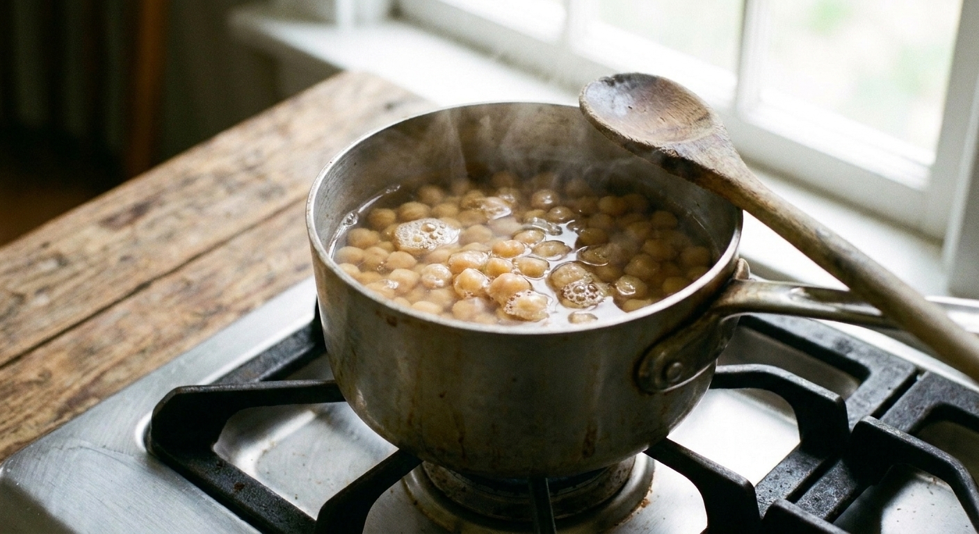 Chickpeas simmering in a small saucepan on a stovetop with gentle bubbles rising to the surface