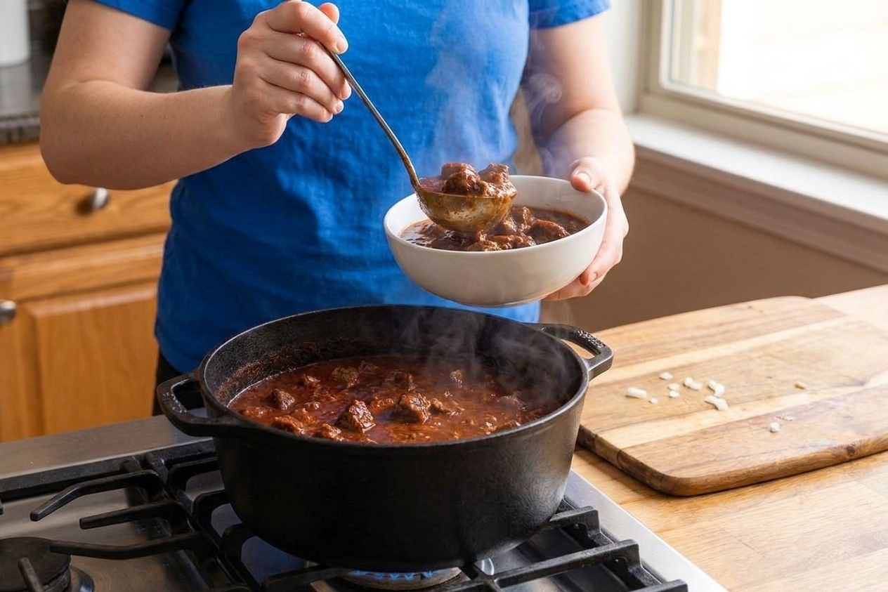Chili being ladled from a pot into a bowl on a cozy kitchen counter