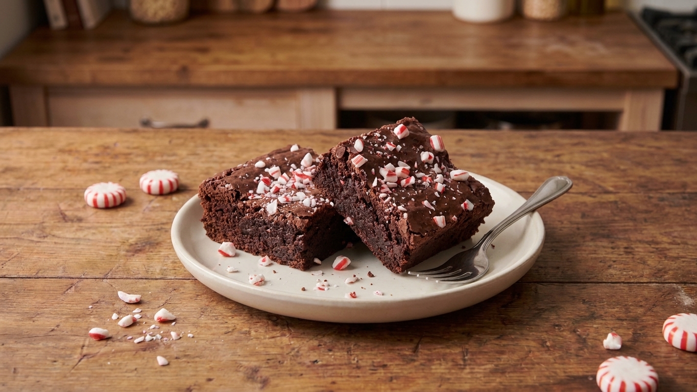 Chocolate brownie squares topped with crushed peppermint candy on a small dessert plate