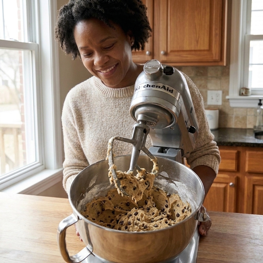 Chocolate chip cookie dough being mixed in a stand mixer bowl with the paddle attachment, flour just incorporated