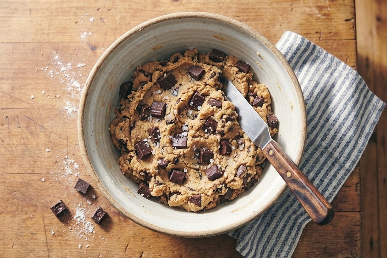 Chocolate chip cookie dough in a mixing bowl with a spatula, ready to scoop