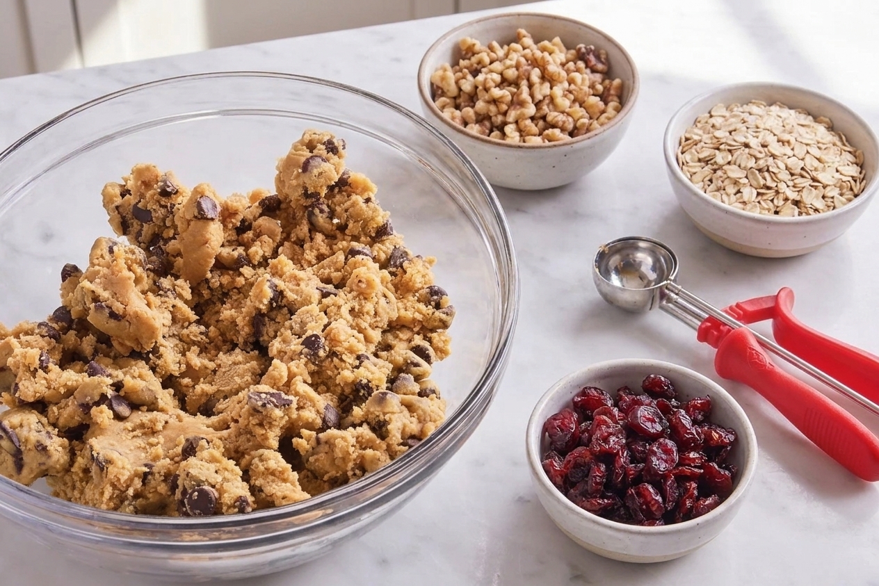 Chocolate chip cookie dough in a mixing bowl with small bowls of add-ins like chopped nuts, oats, and dried cranberries on the counter