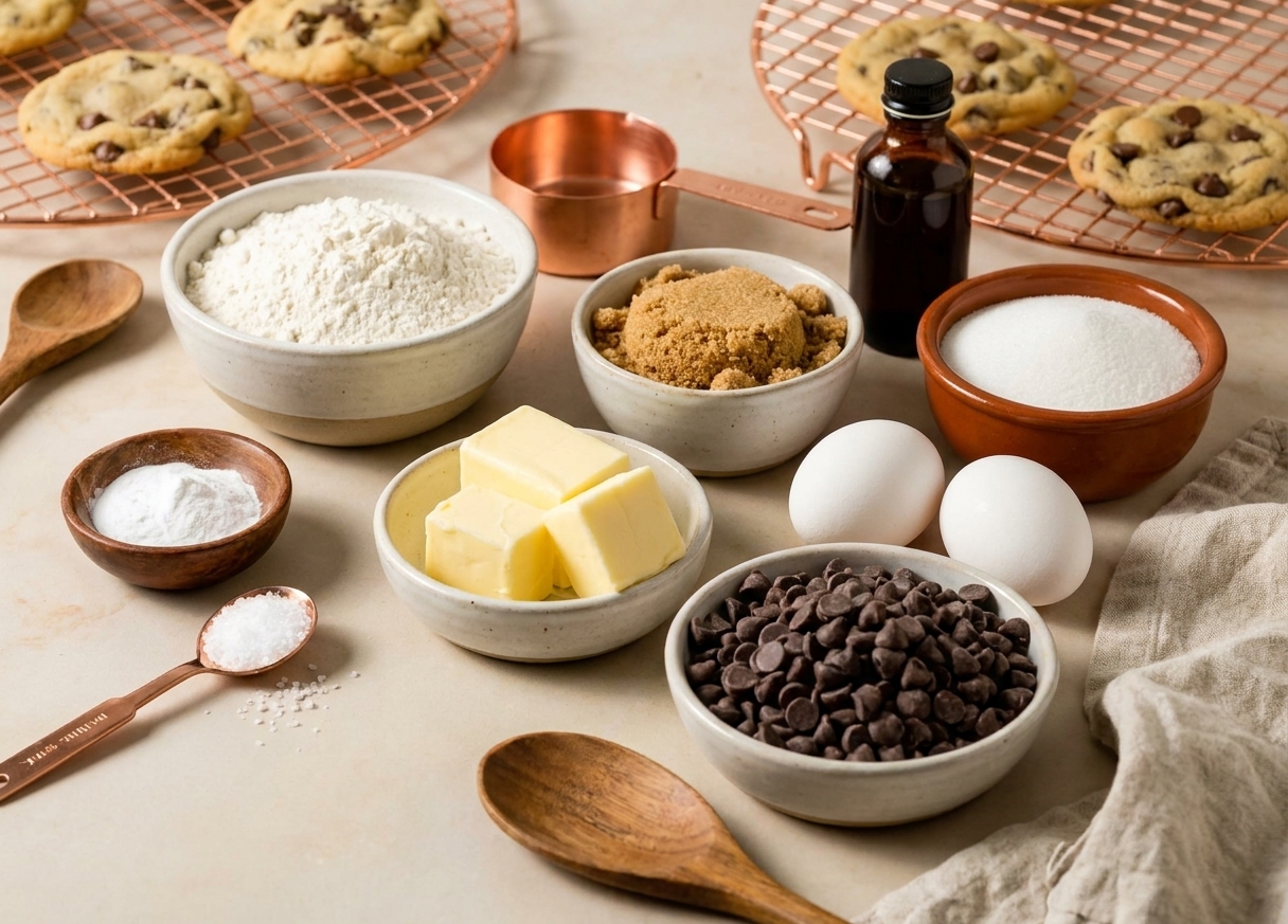 Chocolate chip cookie ingredients on a kitchen counter including flour, baking soda, salt, butter, brown sugar, white sugar, eggs, vanilla extract, and chocolate chips in small bowls