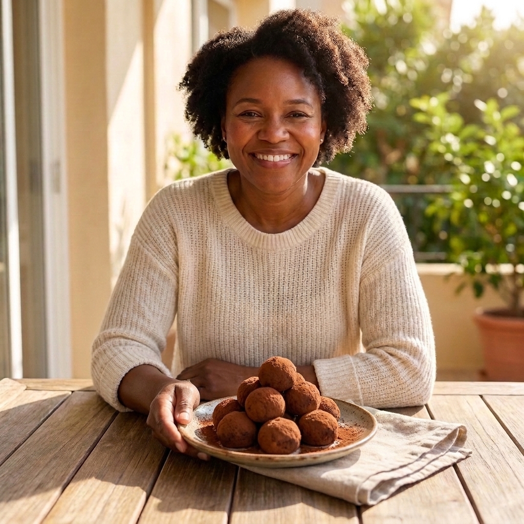 Chocolate no-bake brownie bites rolled in cocoa powder on a small plate