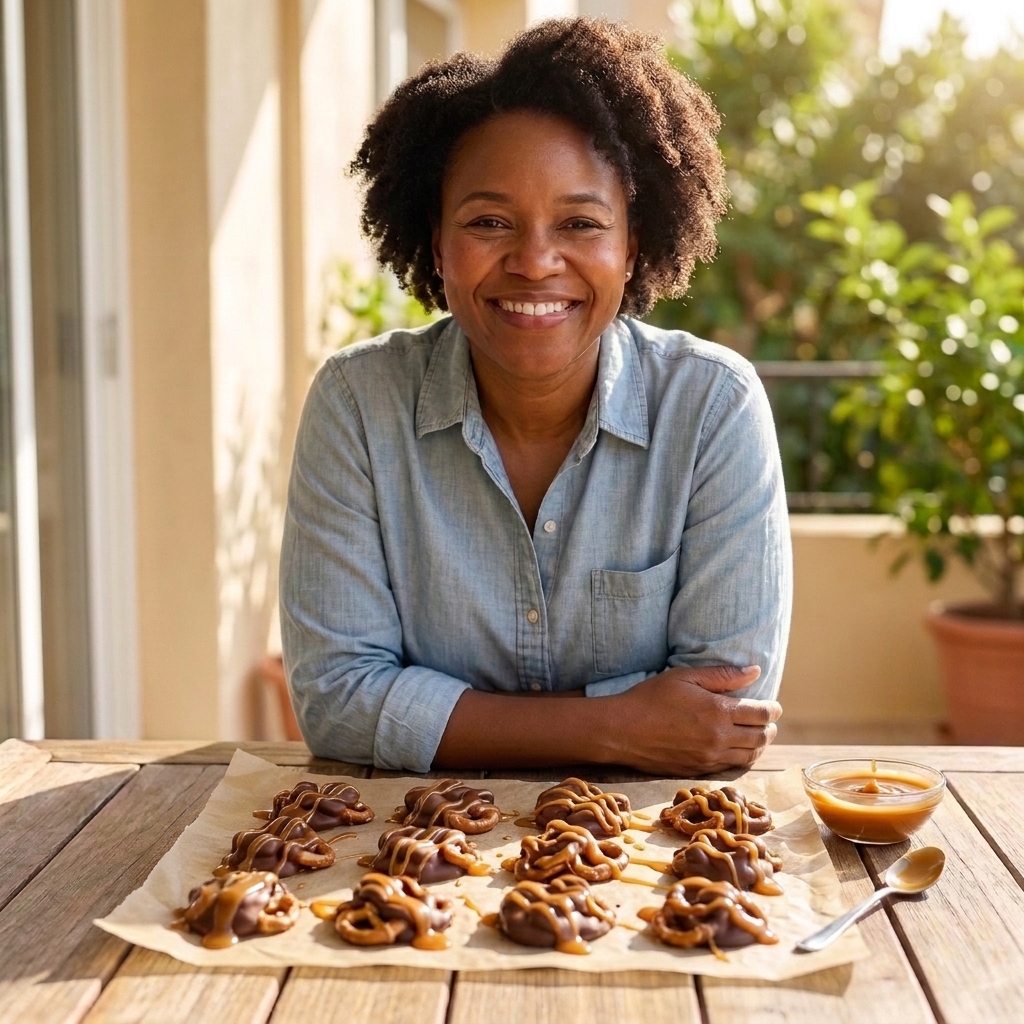 Chocolate pretzel clusters drizzled with caramel on parchment paper