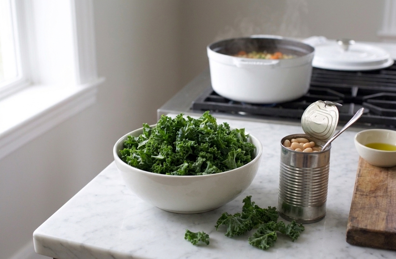 Chopped kale in a bowl next to an open can of cannellini beans on a kitchen counter