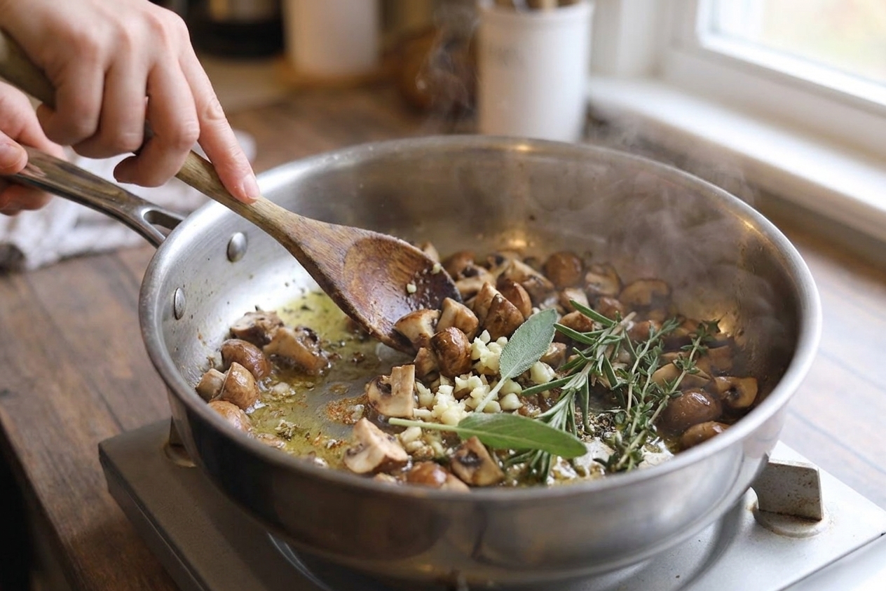 Chopped mushrooms sautéing in a saucepan with garlic and herbs on a stovetop