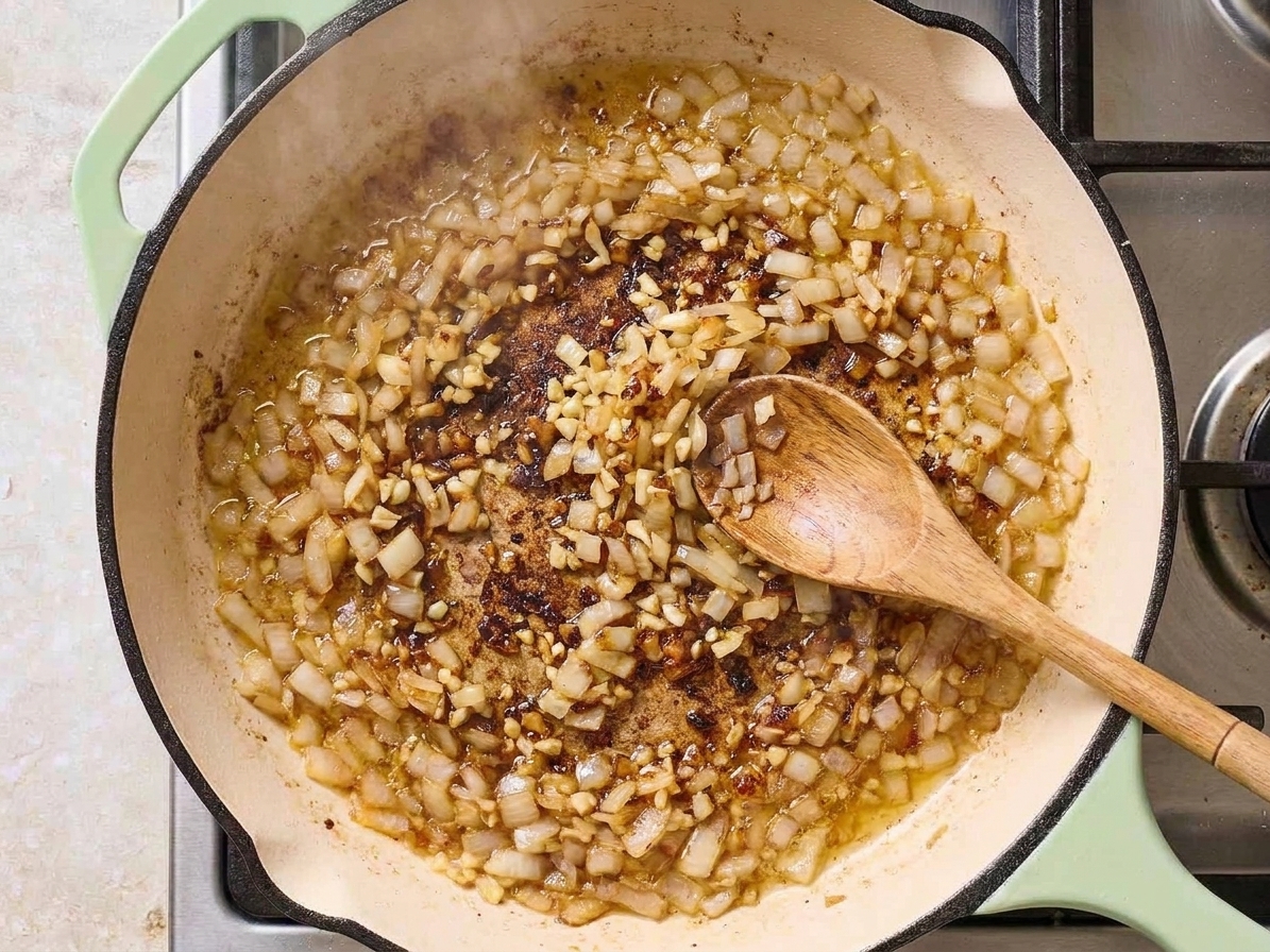 Chopped onion and minced garlic sautéing in a skillet with browned bits from seared chicken
