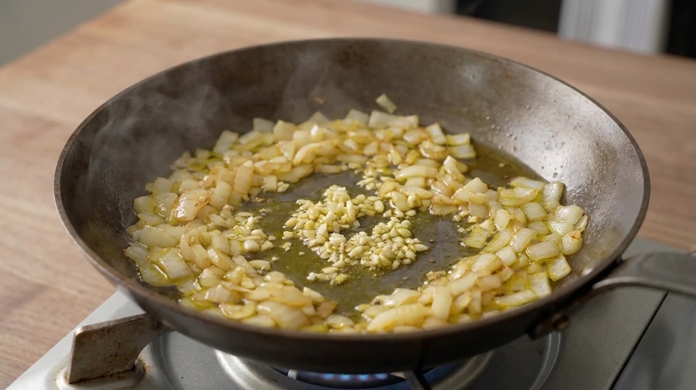 Chopped onion and minced garlic sautéing in olive oil in a wide skillet on a stovetop