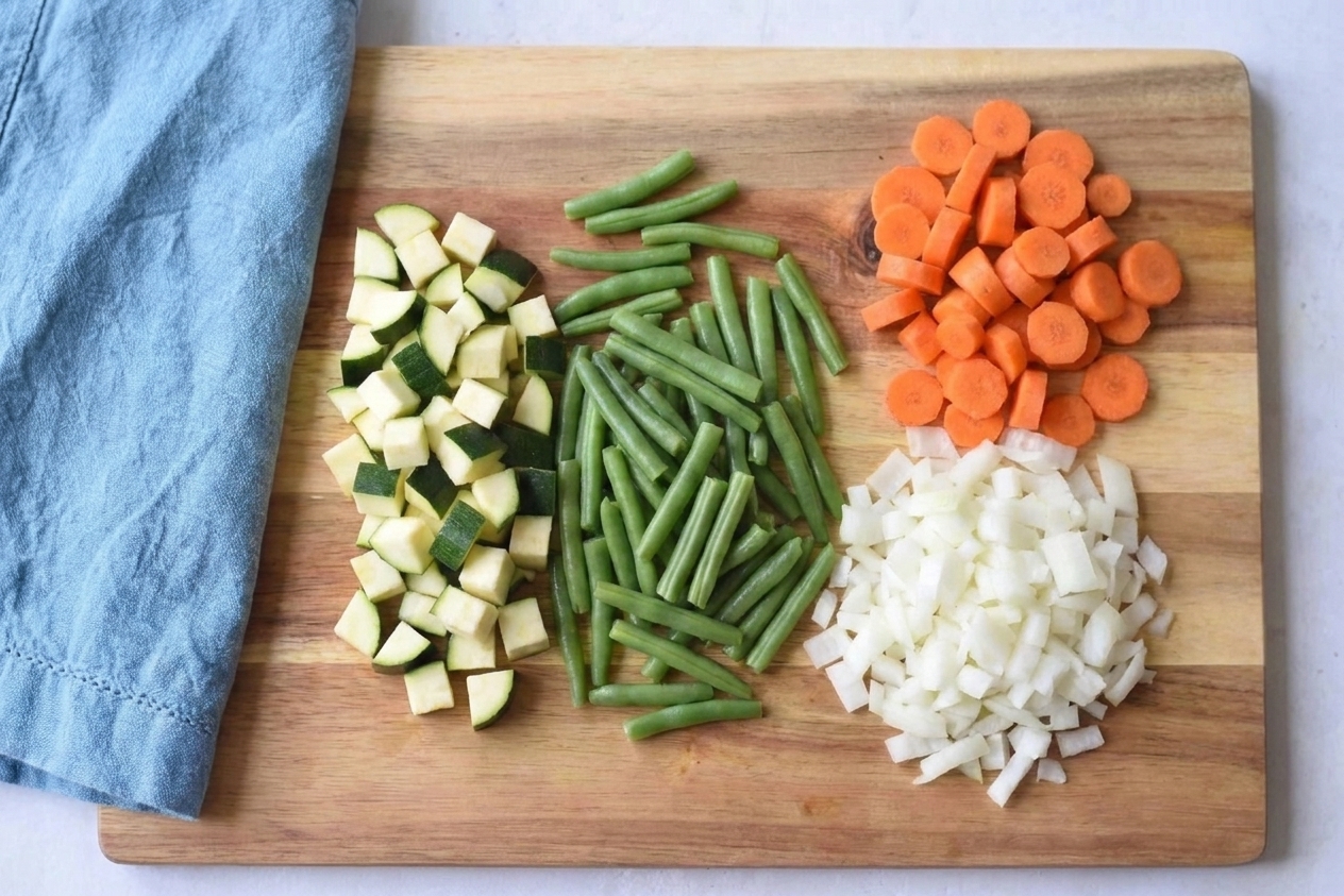 Chopped zucchini and green beans on a wooden cutting board alongside sliced carrots and diced onion