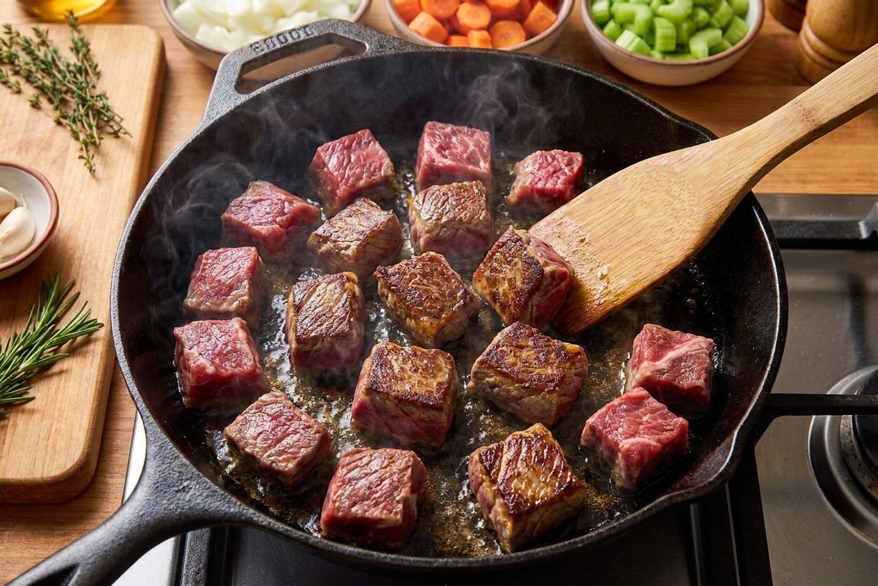 Chunks of stew beef browning in a hot skillet with a golden crust forming