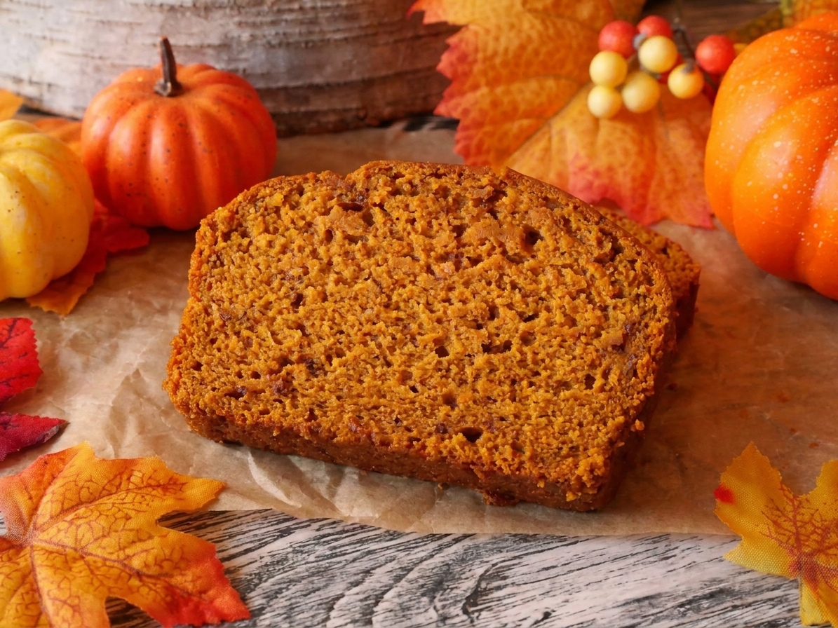Close-up of a sliced pumpkin bread showing a moist, even crumb with visible pumpkin color and warm spices