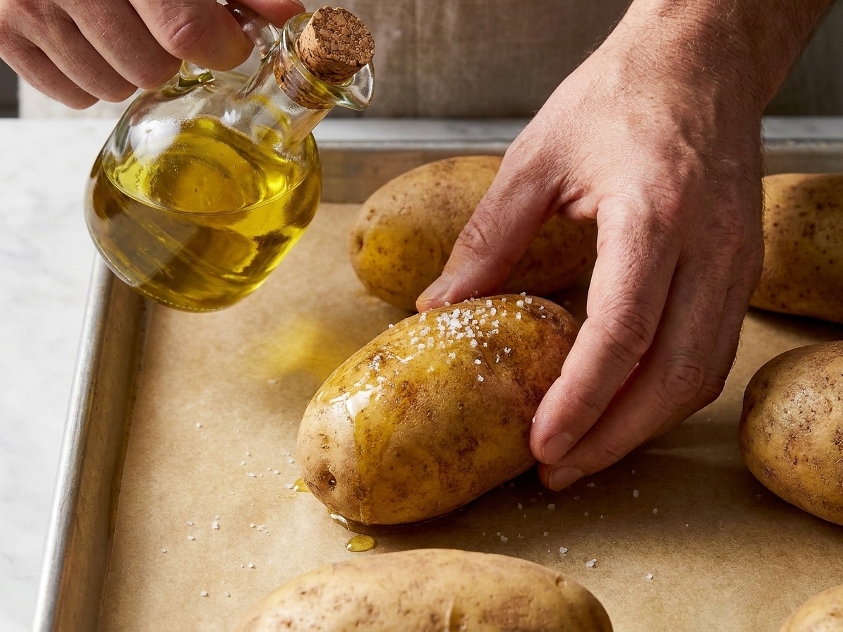 Close-up of hands rubbing olive oil over a russet potato and sprinkling kosher salt across the skin on a parchment-lined sheet pan