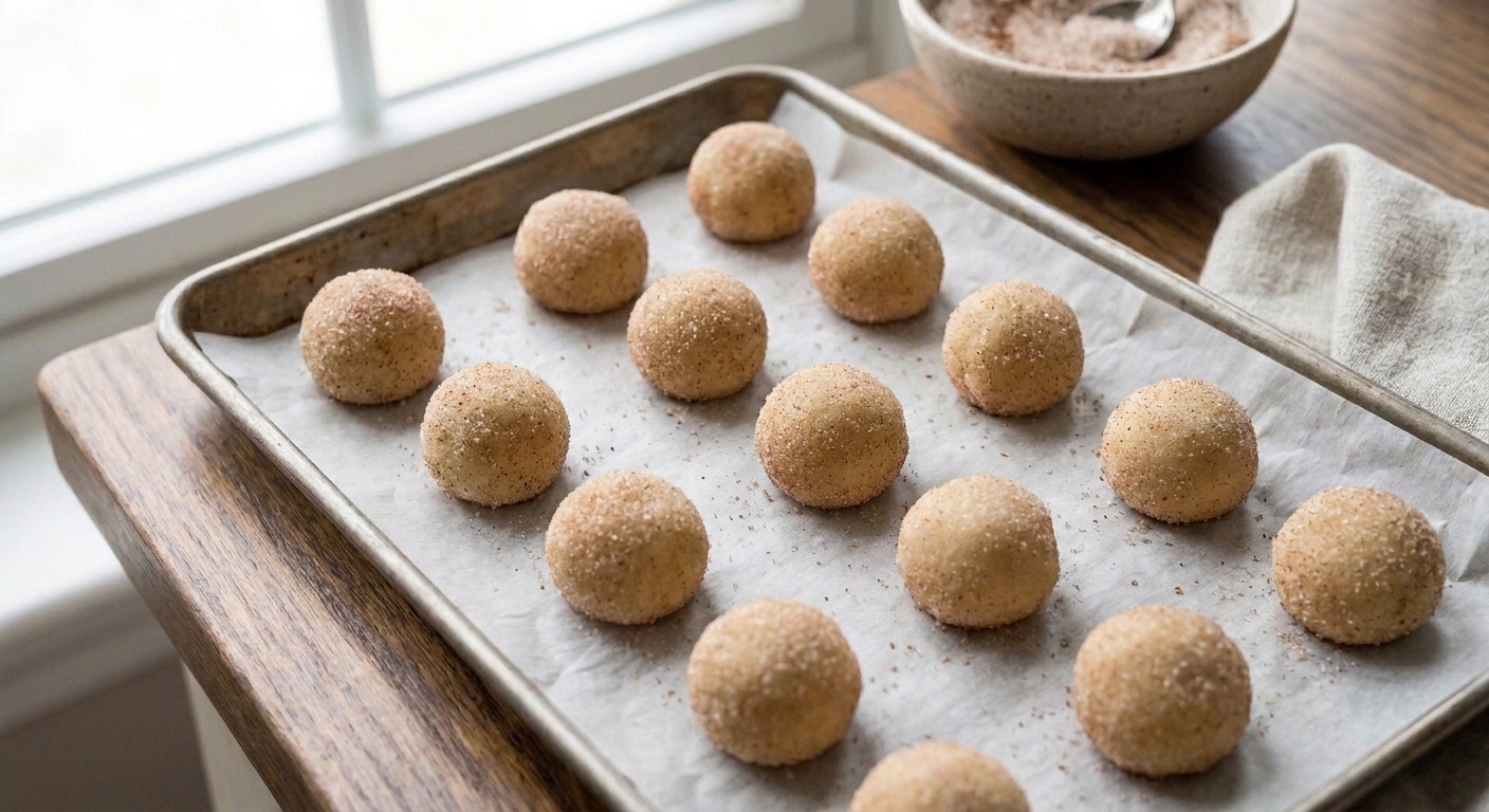 Coated cookie dough balls spaced out on a parchment-lined baking sheet