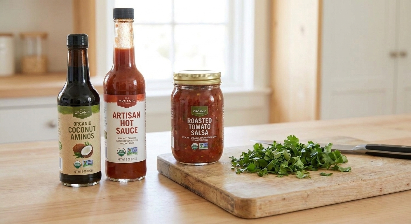 Coconut aminos, a bottle of hot sauce, and a jar of salsa arranged beside a cutting board with chopped cilantro