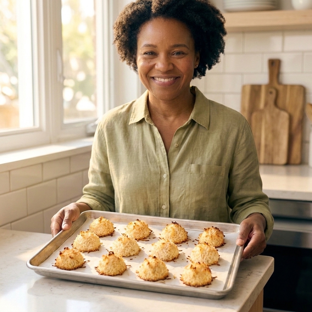 Coconut macaroons baked golden on a parchment-lined baking sheet