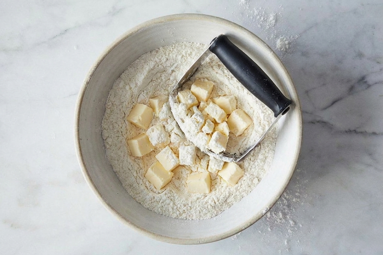 Cold butter cubes being cut into flour with a pastry cutter in a large mixing bowl