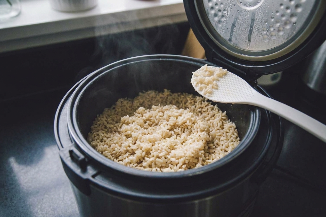 Cooked brown rice inside a rice cooker pot with the lid open and a rice paddle resting on the edge