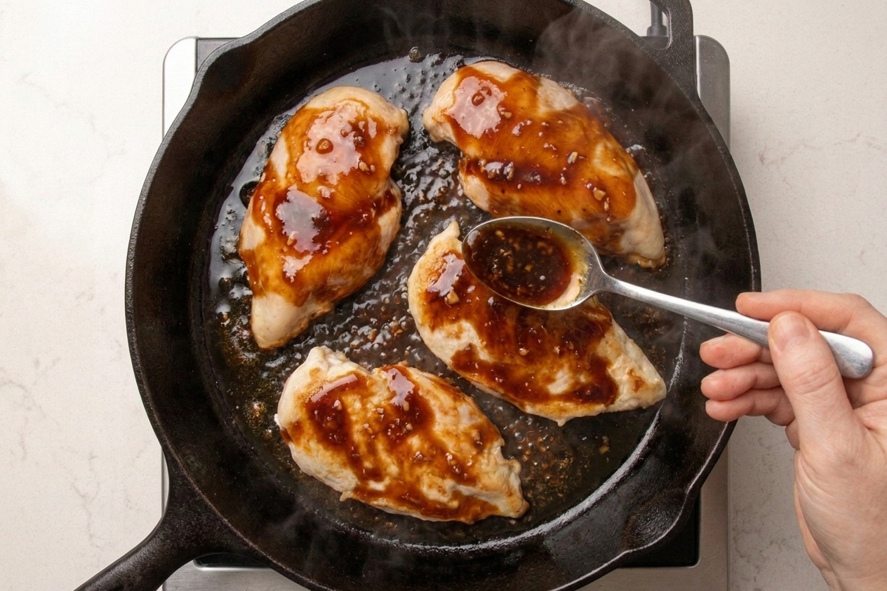 Cooked chicken cutlets in a skillet being spooned with a thick, shiny tangy-sweet sauce