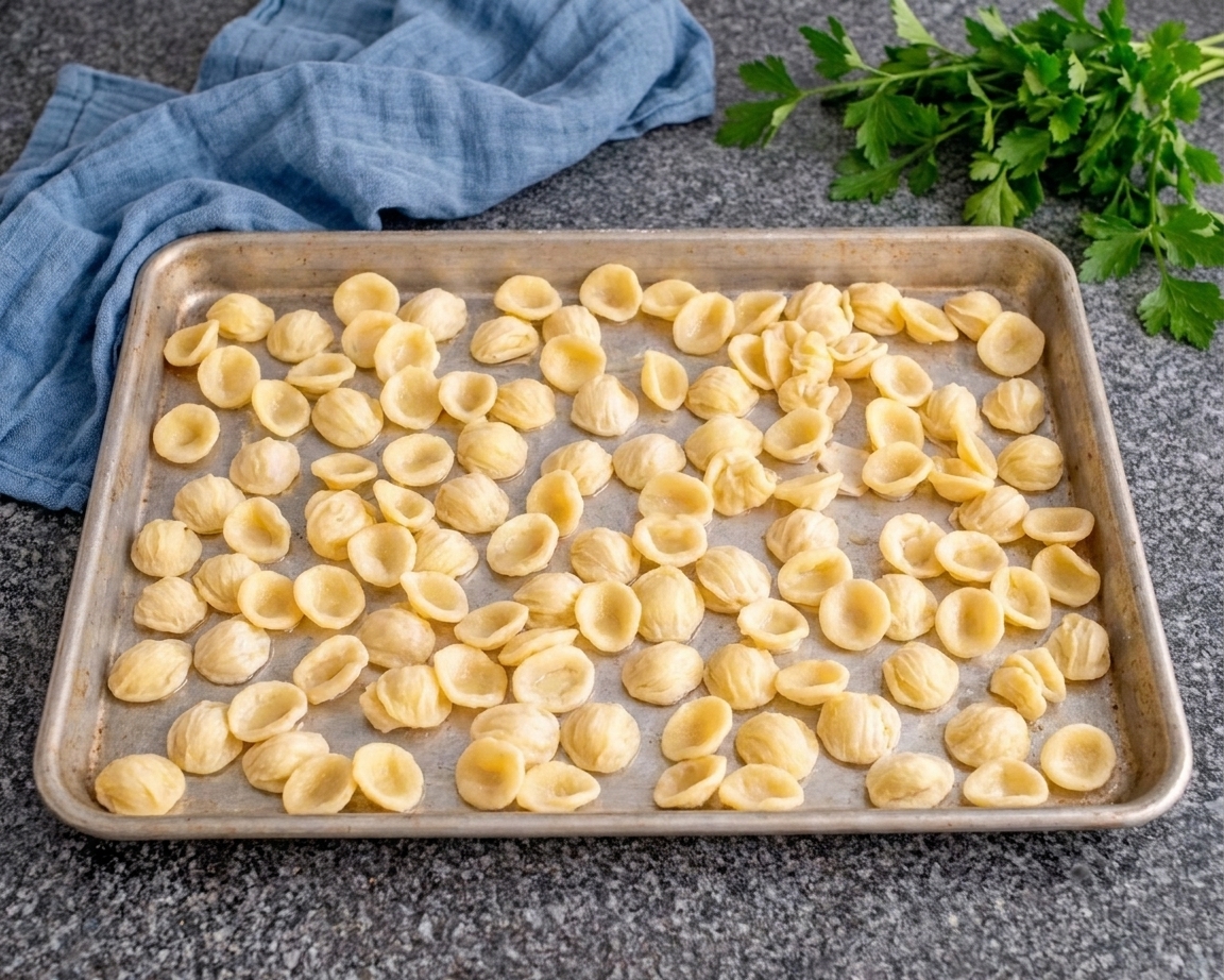 Cooked fresh pasta spread out on a rimmed baking sheet to cool on a kitchen counter
