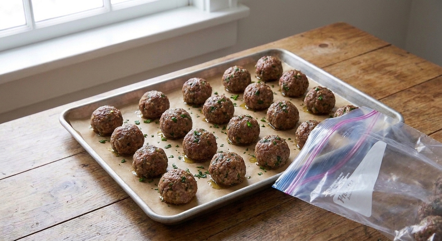 Cooked meatballs cooling on a baking sheet in a single layer, ready to be frozen before transferring to a bag