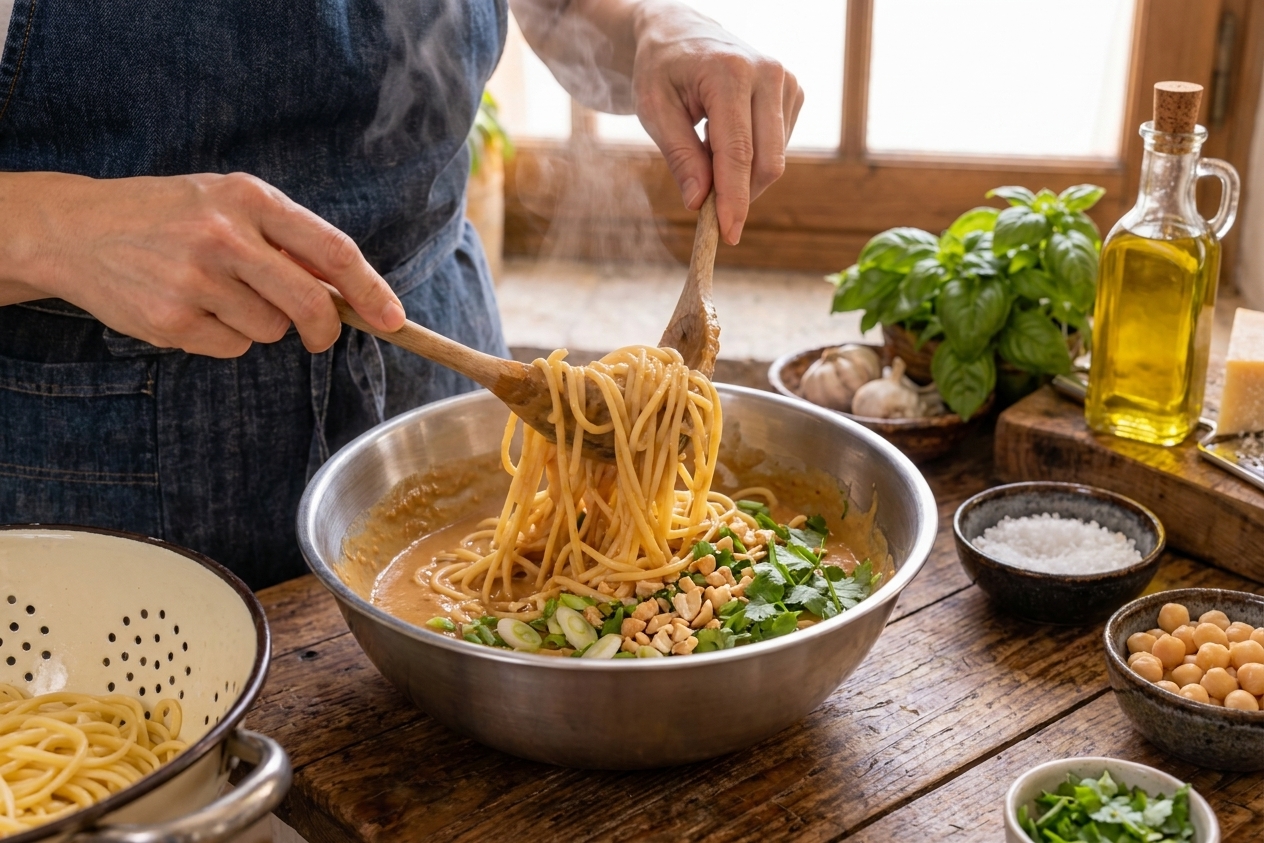 Cooked noodles being tossed with a creamy peanut sauce in a large mixing bowl