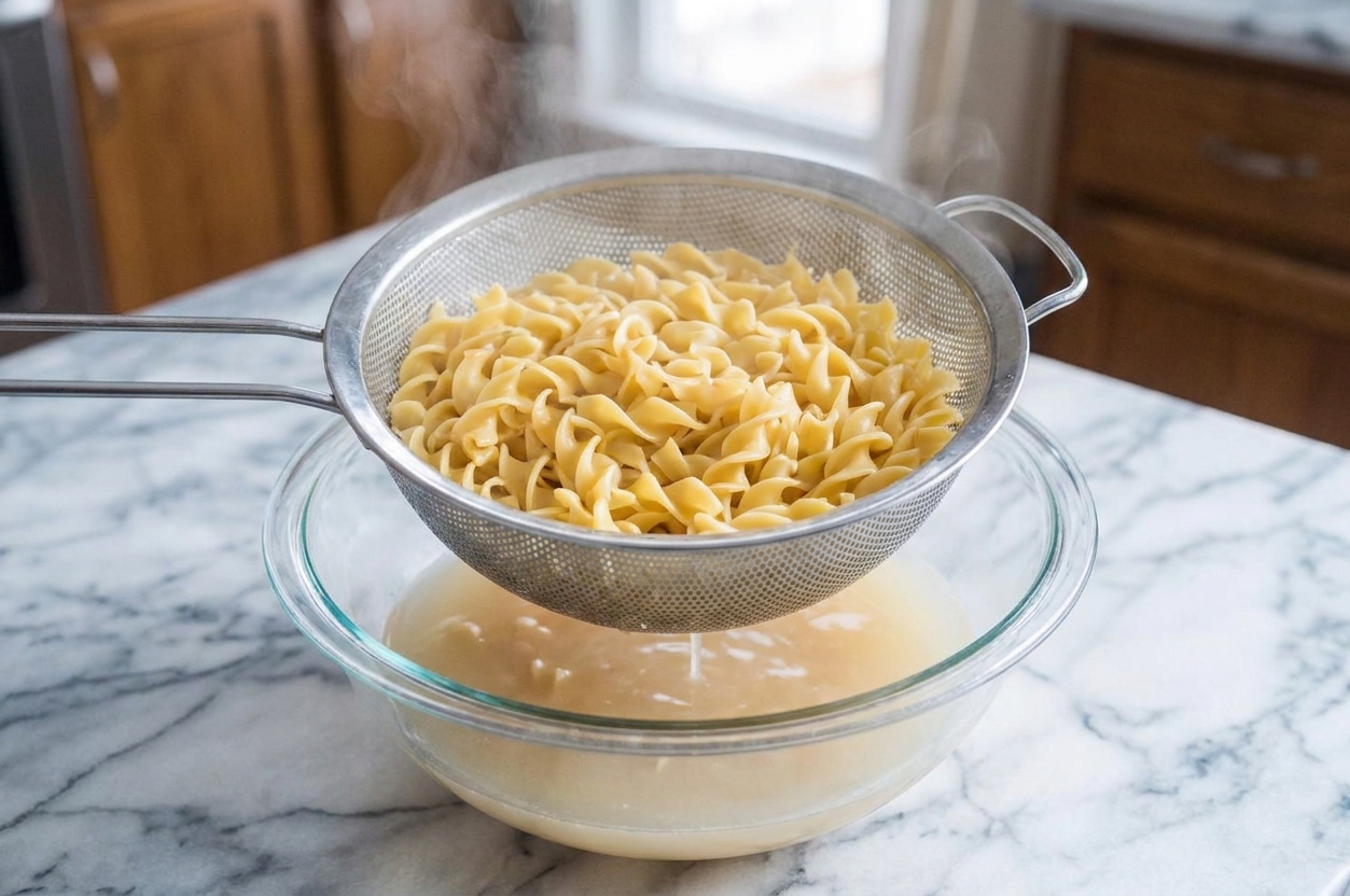 Cooked noodles in a colander while broth drains into a bowl below