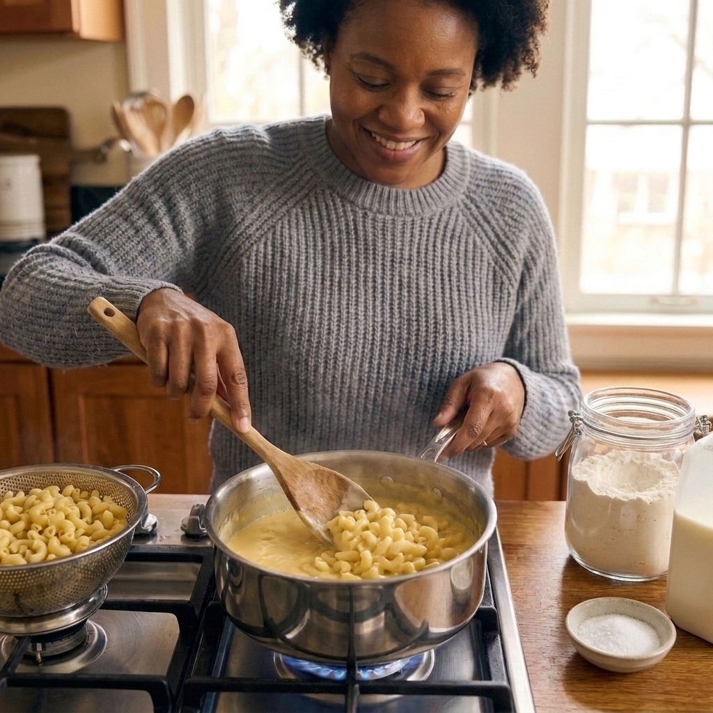 Cooked pasta being folded into a pot of creamy cheese sauce with a wooden spoon