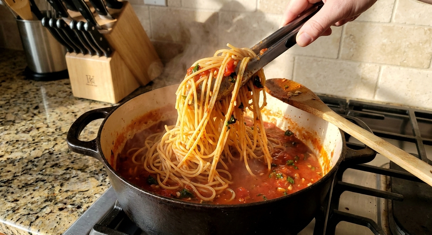 Cooked pasta in a pot being tossed with sauce using tongs on a stovetop