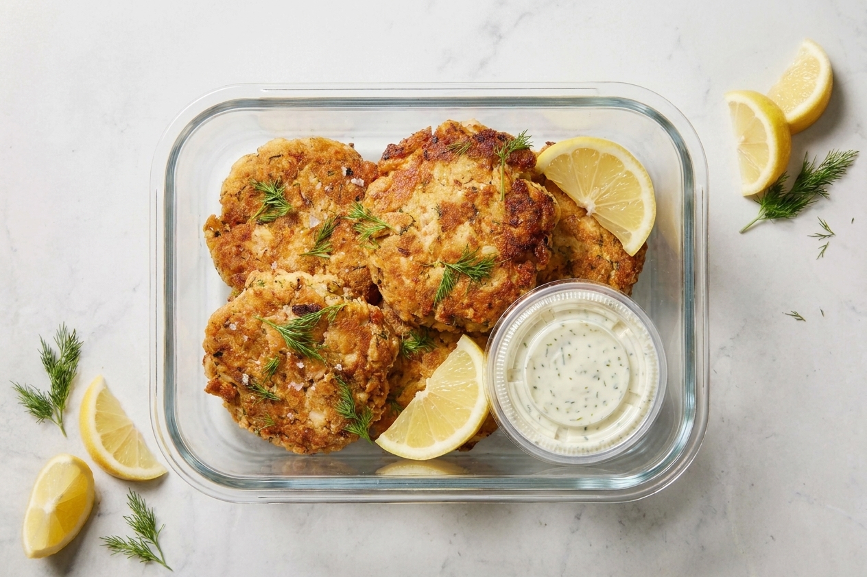 Cooked salmon patties stored in a glass meal prep container with a lemon wedge and a small container of sauce