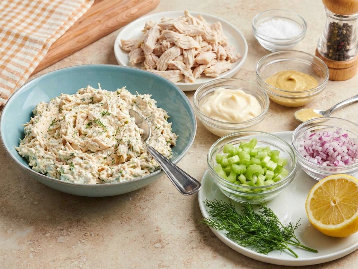 Cooked shredded chicken, mayonnaise, Dijon mustard, celery, red onion, lemon, salt, pepper, and fresh dill arranged on a kitchen counter