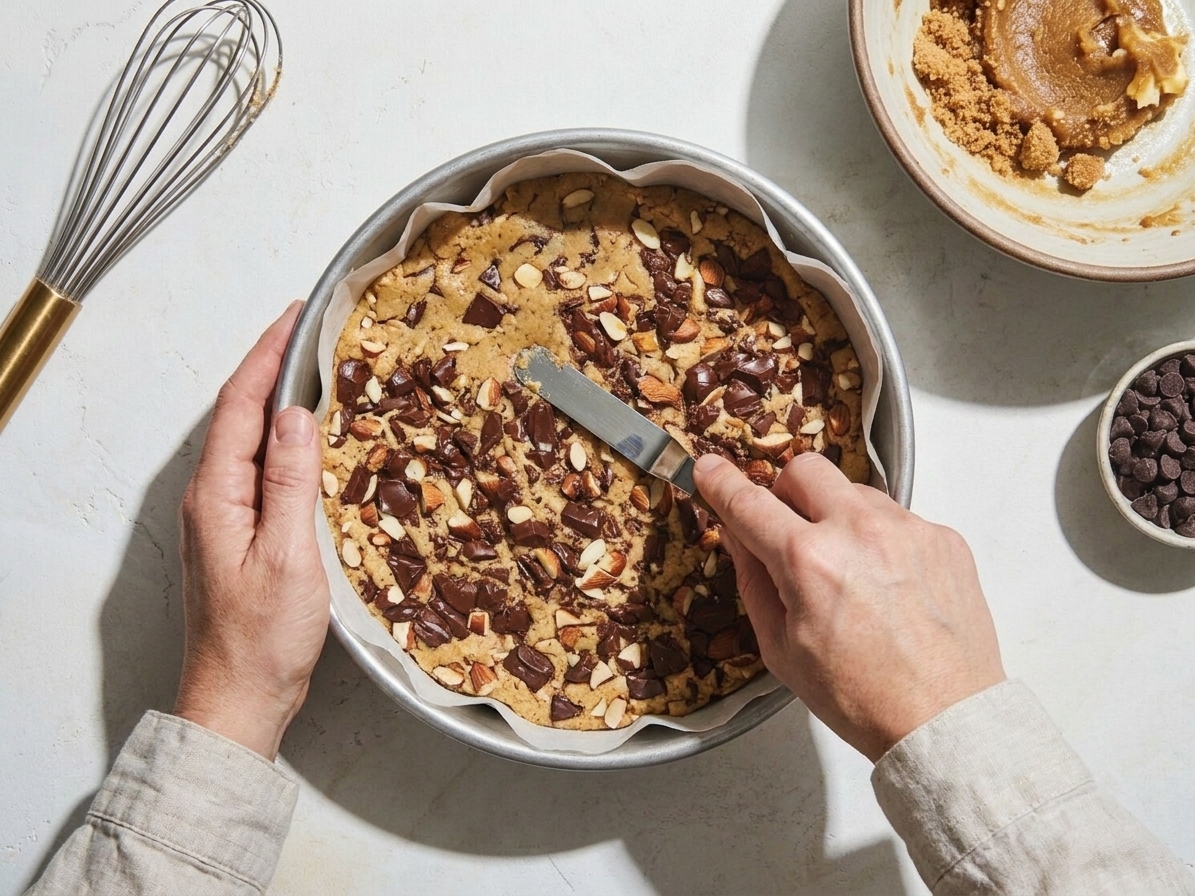 Cookie cake dough being pressed evenly into a parchment-lined round cake pan on a kitchen counter