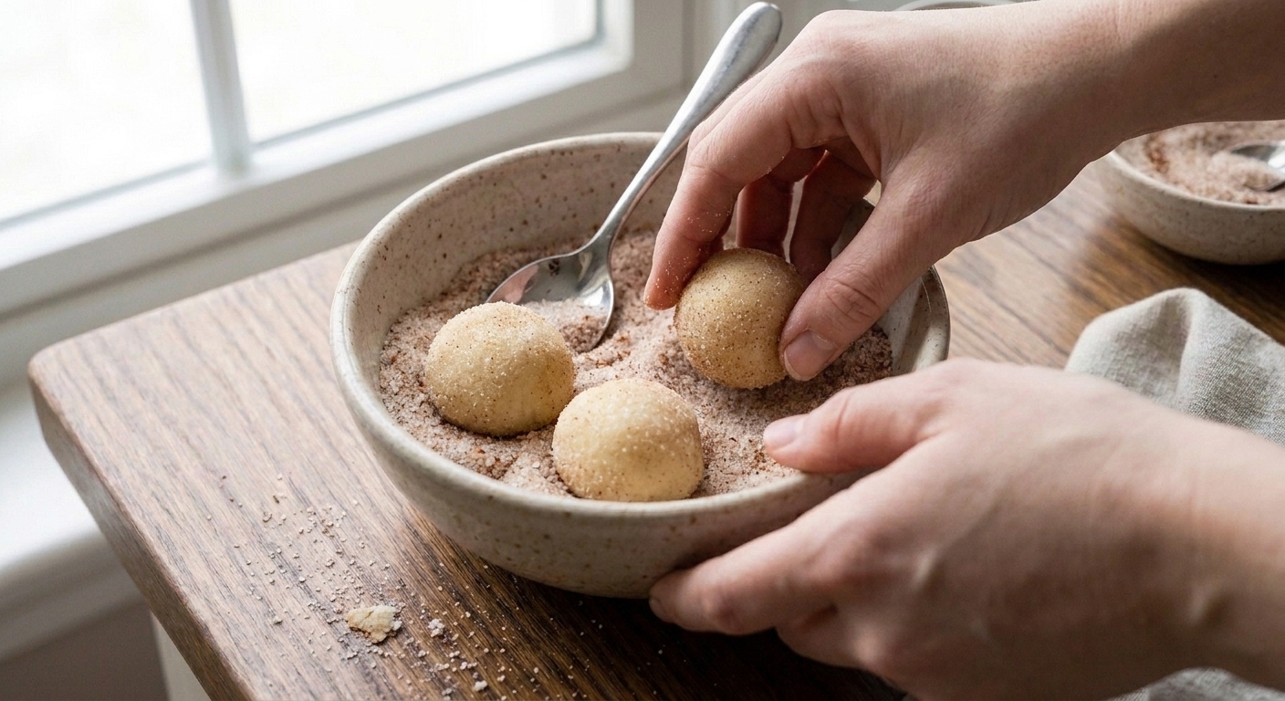 Cookie dough balls being rolled in cinnamon sugar until fully coated
