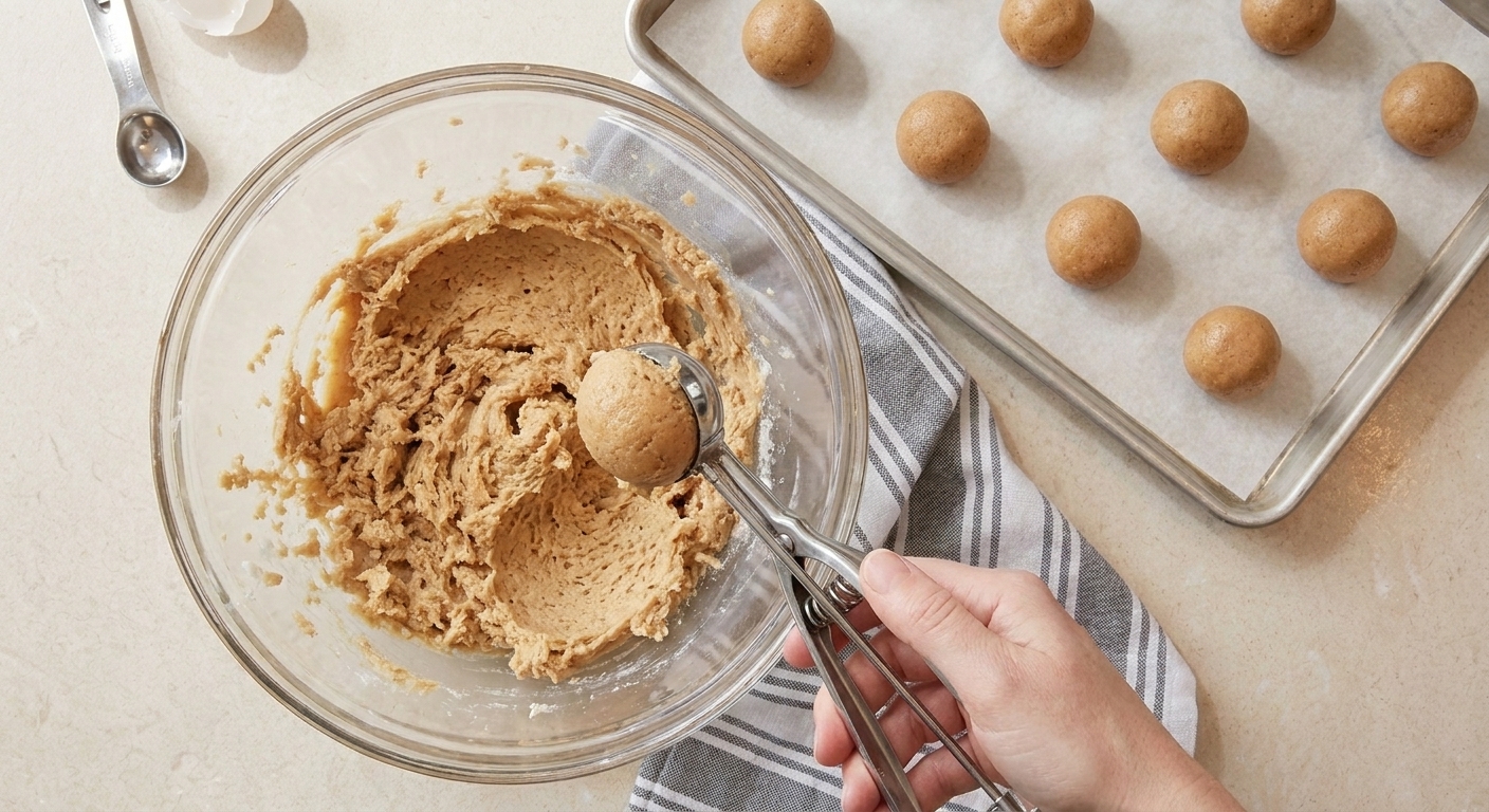 Cookie dough being scooped into uniform portions with a cookie scoop