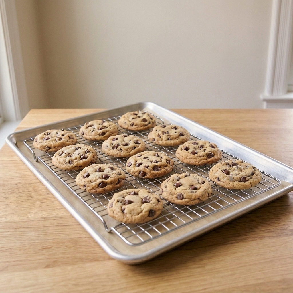 Cookies cooling on a wire rack set over a baking sheet