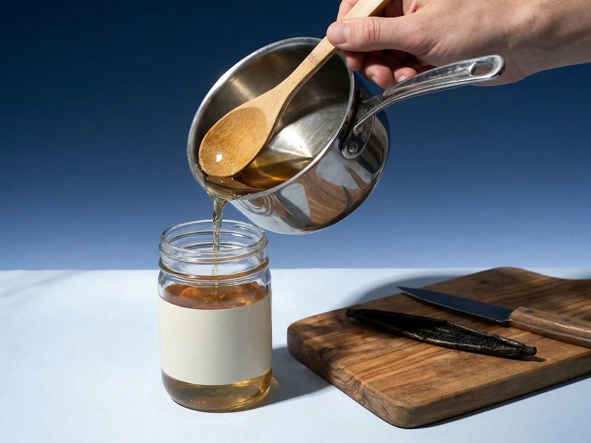Cooled vanilla syrup being poured from a small saucepan into a glass jar on a clean kitchen counter