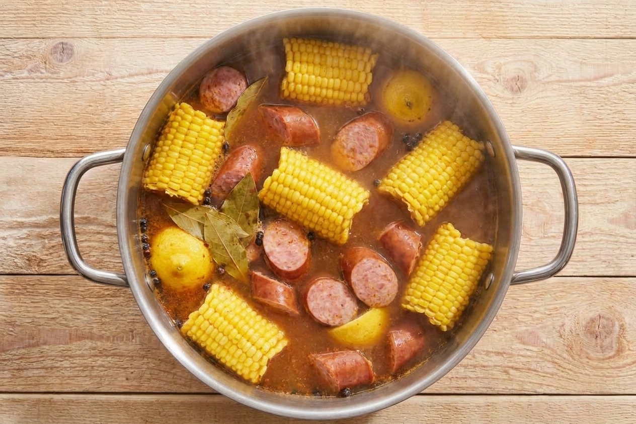 Corn segments and sliced smoked sausage simmering in a large pot with seasoned broth