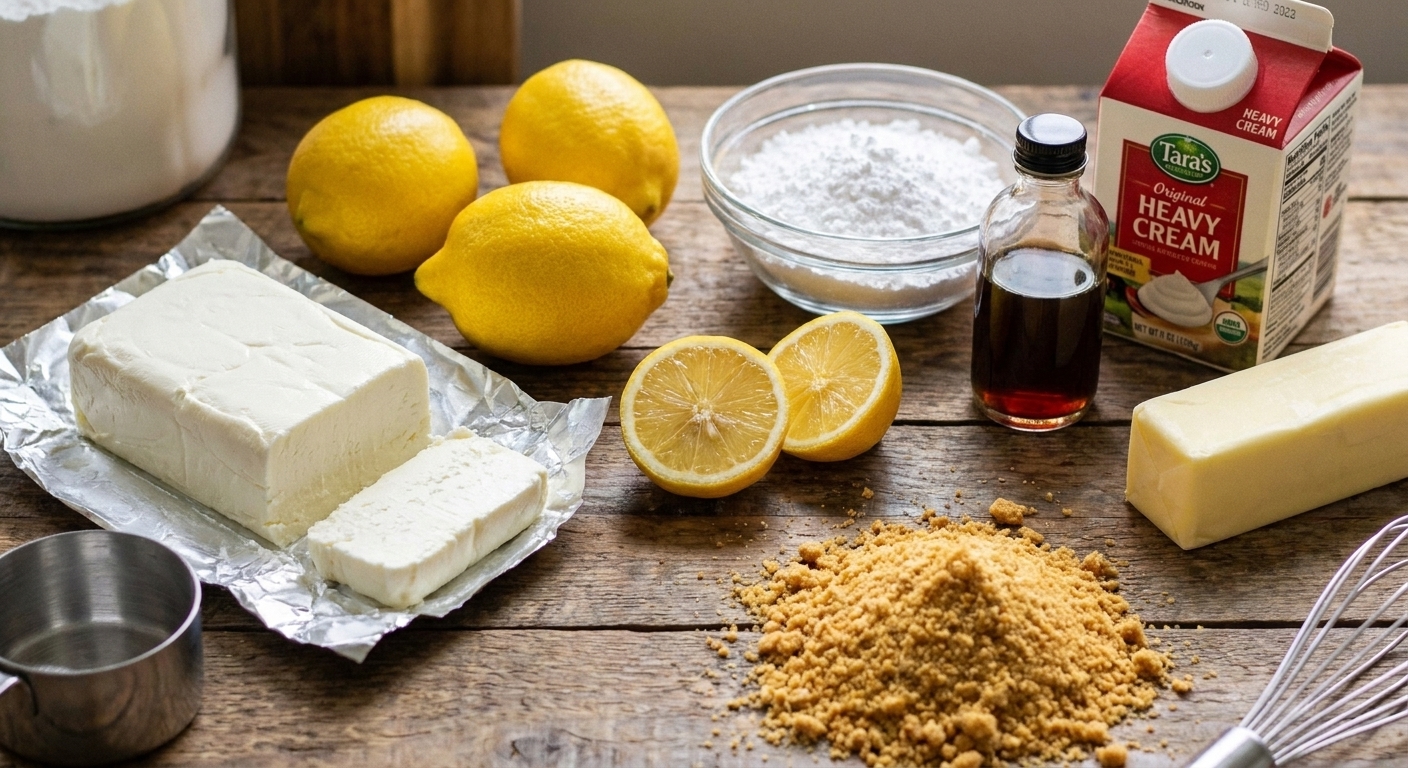 Cream cheese, lemons, butter, powdered sugar, vanilla, heavy cream, and cookie crumbs arranged on a kitchen counter