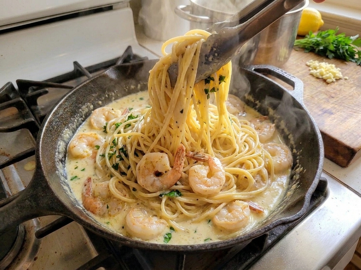 Creamy shrimp pasta being tossed in a skillet with tongs, sauce clinging to the noodles