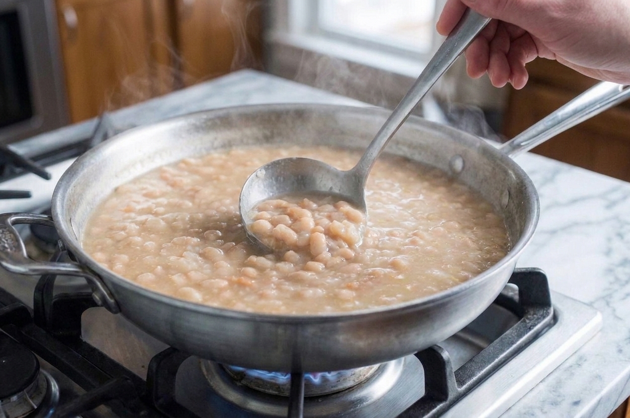 Creamy soup being stirred in a saucepan over low heat