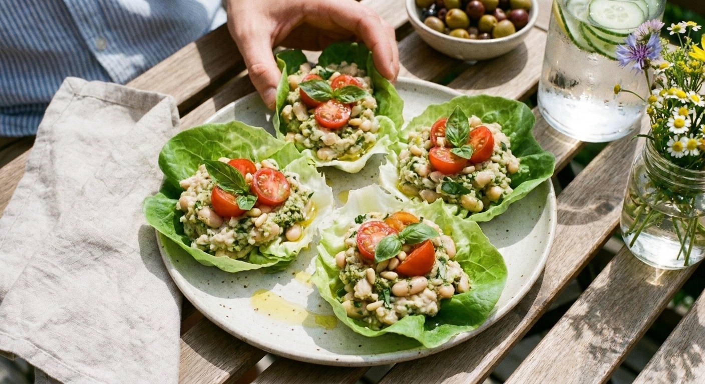 Crisp lettuce cups filled with mashed white bean pesto salad and topped with cherry tomatoes