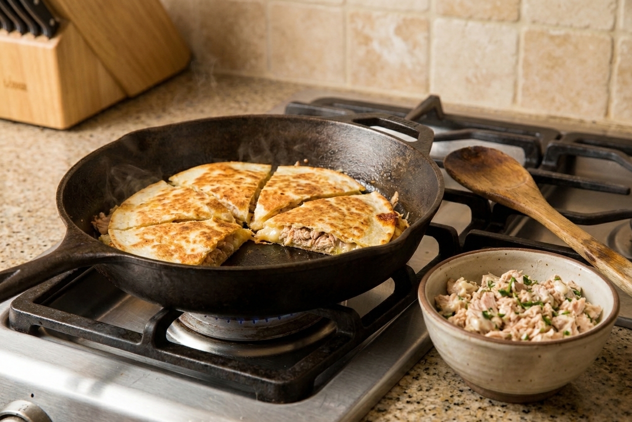 Crispy folded quesadilla cut into wedges on a skillet with a small bowl of tuna filling visible nearby