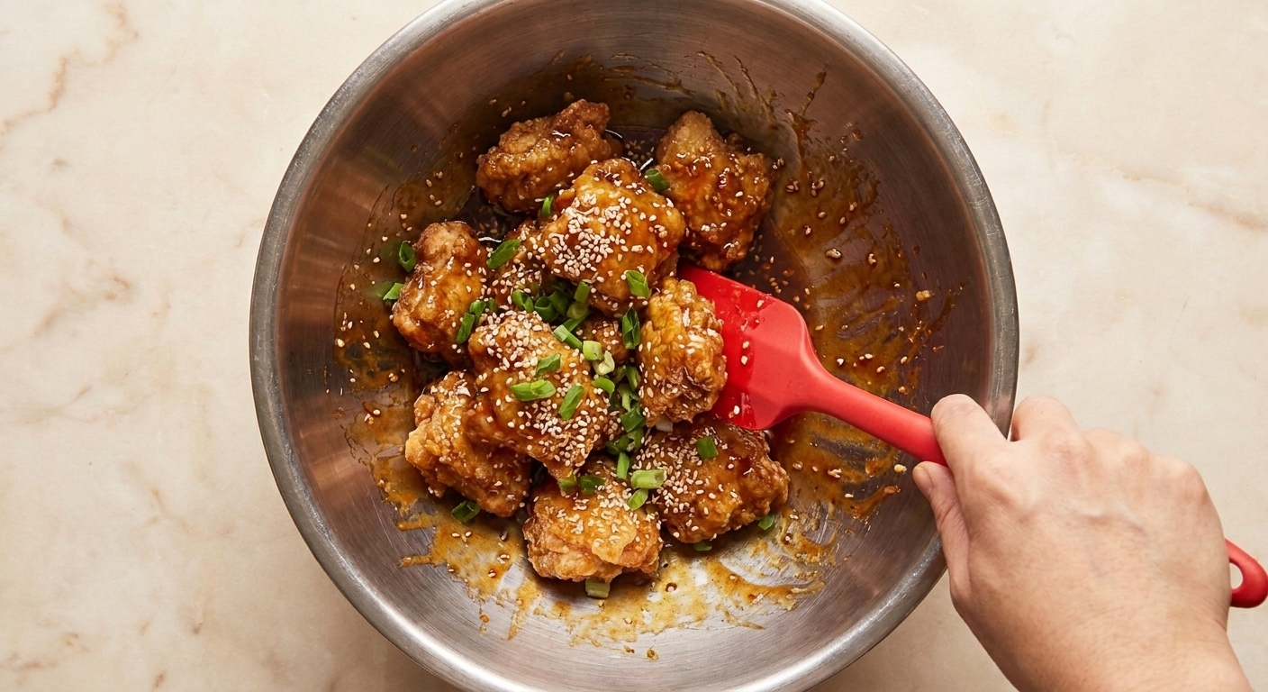 Crispy fried chicken being tossed in a large bowl with sticky brown sauce using a silicone spatula